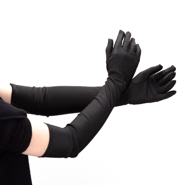 Ny Klassisk Vuxen Svart Opera/Armbåge/Handled Stretch Satin Finger Långa Modehandskar Kvinnor Körhandskar med klaff Matchande kostym Black