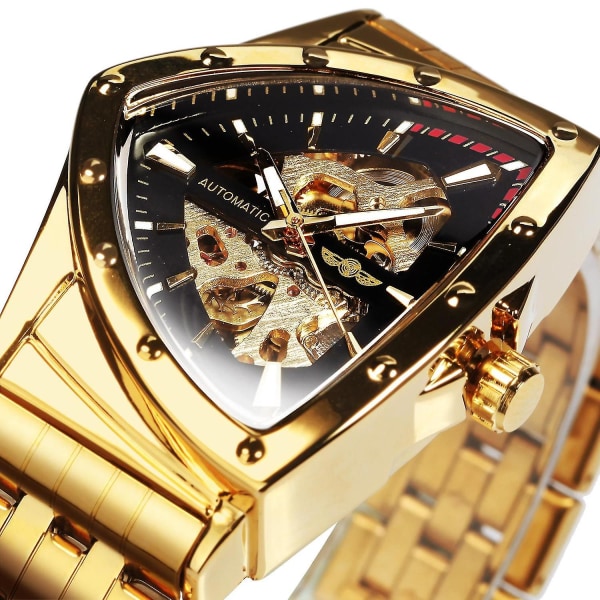 Vinnare Triangel Skeleton Guld Svart Watch För Herr Automatisk Mekanisk Armbandsur Irregular Luxury S