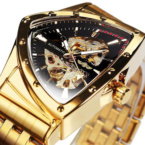 Vinnare Triangel Skeleton Guld Svart Watch För Herr Automatisk Mekanisk Armbandsur Irregular Luxury S