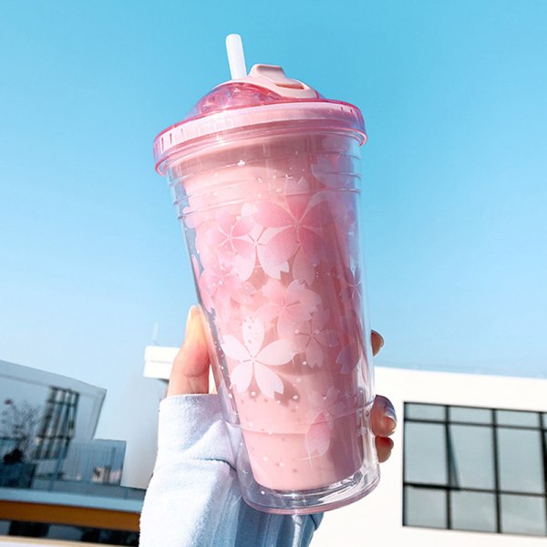 480 ml Sakura plastkopp med sugrör och lock BPA-fri dubbelval Pink