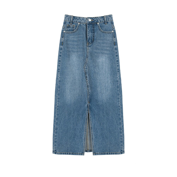 Sommarny denimkjol i retroblå slits för kvinnor, matchande XL