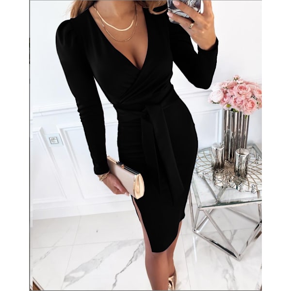 Dampuffärmsklänning med V-ringad sexig rem black 3XL