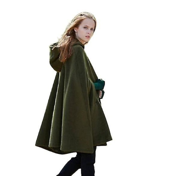 Casual Hooded Cape Coat, Mode Lös Solid Vintermantel Ytterkläder l green