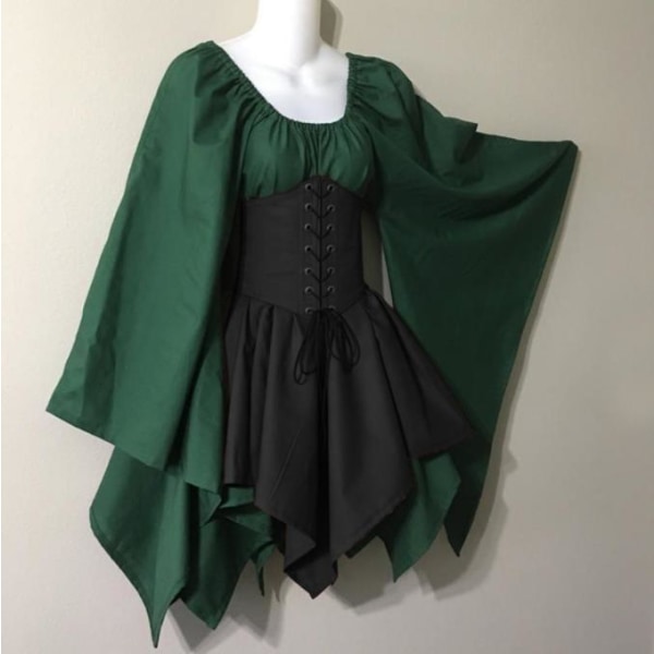 Renässans medeltida klänning Karnevalsklänning maskeradbalsfest green+black XL