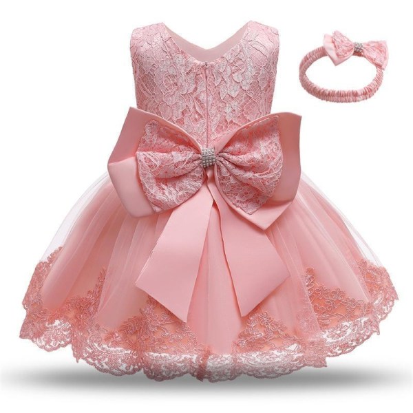 Prinsess fest klänningar med fluga och pannband Pink 100 cm