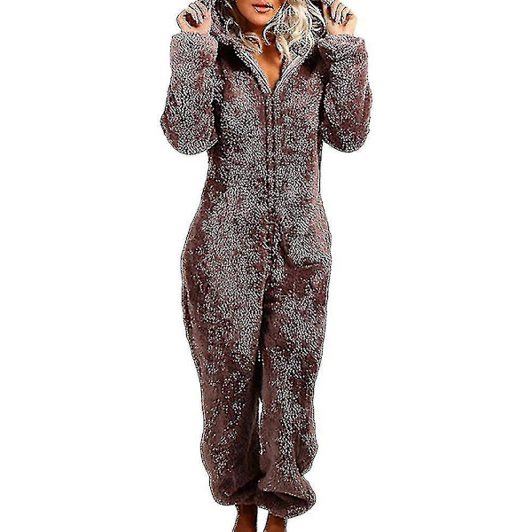 Dam Vinter Fluffy Fleece Hooded Allt i en Jumpsuit coffee