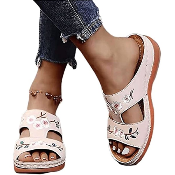 Ortopediska sandaler för kvinnor Broderade blommor Flip Flops Skor Våren bekväma tofflor Pink