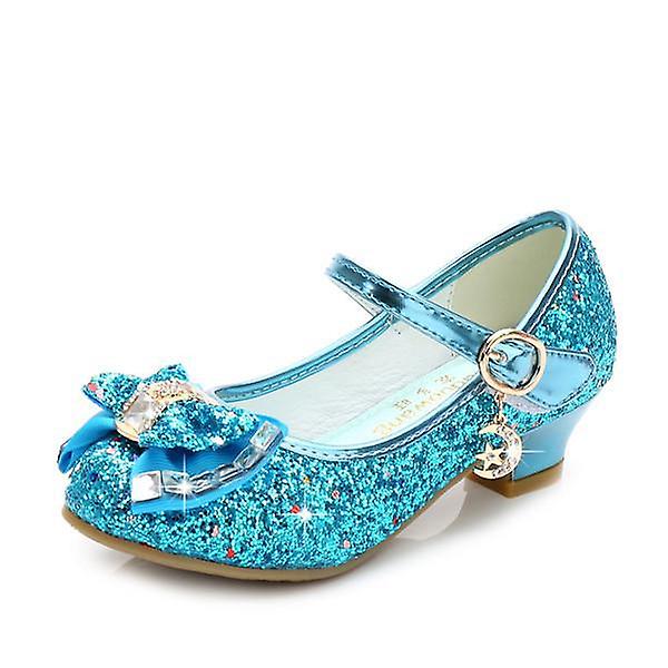 Bow Girls Pu Läderskor Princess High Heels Bröllopsskor Blue 29