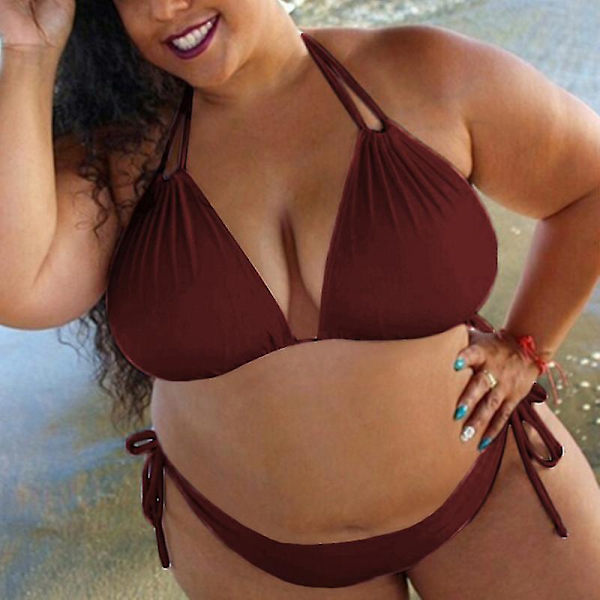 Plus Size Dam Sexig Bikini Set Vadderad BH Push Up Baddräkt Wine Red 3XL