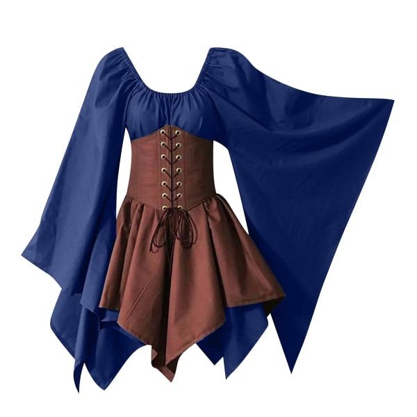 Svart gotisk klänning sommar medeltida renässansdräkt navy + coffee 2XL