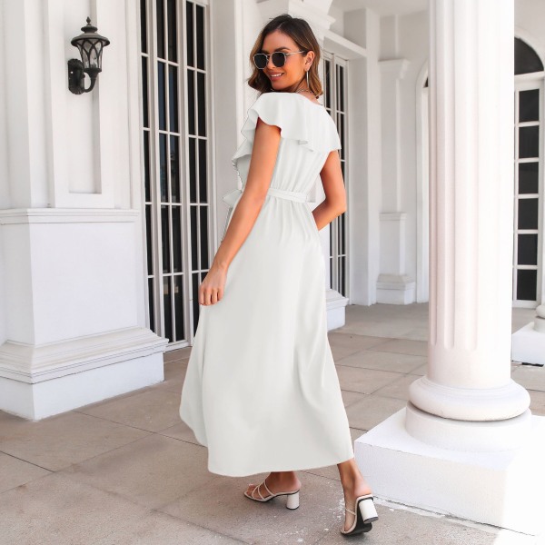 V-ringad volang, ärmlös klänning för kvinnor med slits maxiklänning White XL