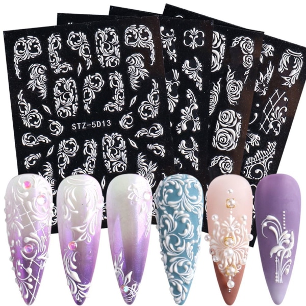 8 ark Nagelklistermärken 5D Akryl Vit