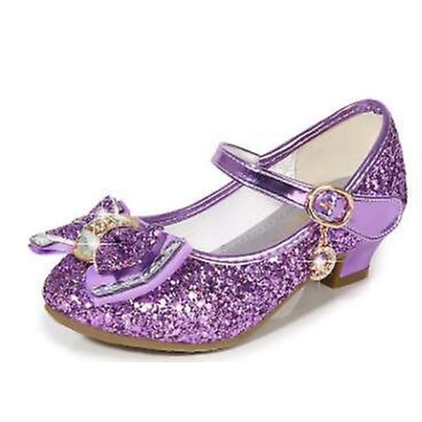 Bow Girls Pu Läderskor Princess High Heels Bröllopsskor Purple 33