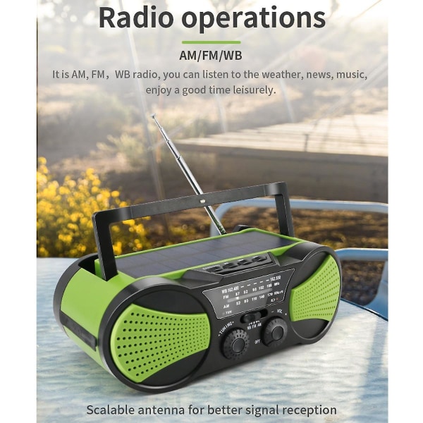 AM FM NOAA Weather Radio Solar Crank Nödficklampa Uppladdningsbar Power Bank för iPhone Huawei