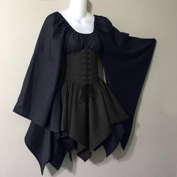 Svart gotisk klänning sommar medeltida renässansdräkt navy + black XL