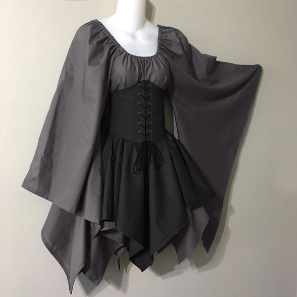 Svart gotisk klänning sommar medeltida renässansdräkt Grey + black 2XL