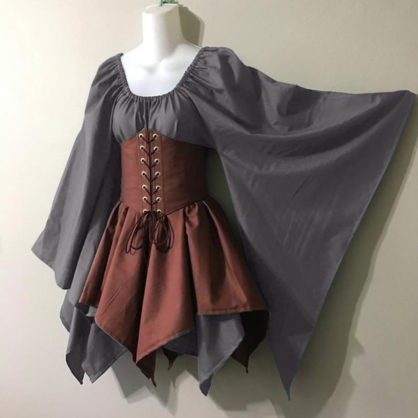 Svart gotisk klänning sommar medeltida renässansdräkt Grey + coffee 2XL