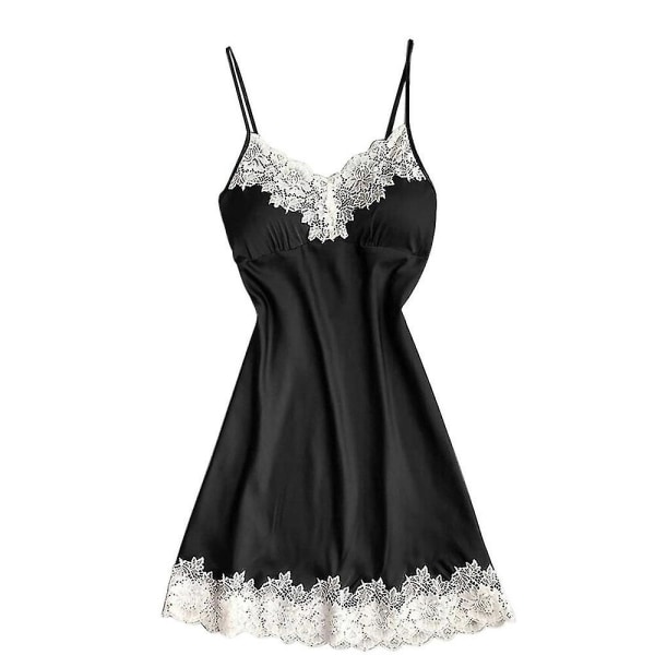 Kvinnor Sexig satin Nattlinne Underkläder Babydoll Spets Strappy A-line Sovkläder Underkläder L Black