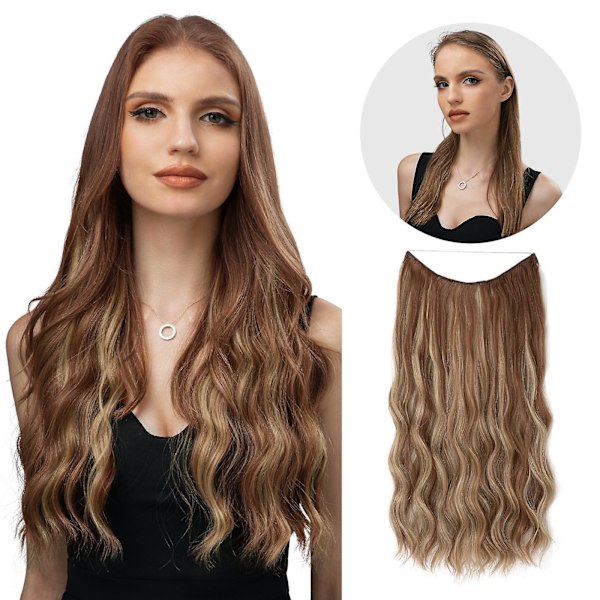 Halo Hair Extensions Osynlig tråd Vågigt lockigt långa syntetiska hårstycken för kvinnor Justerbart pannband 12H24 20 inch