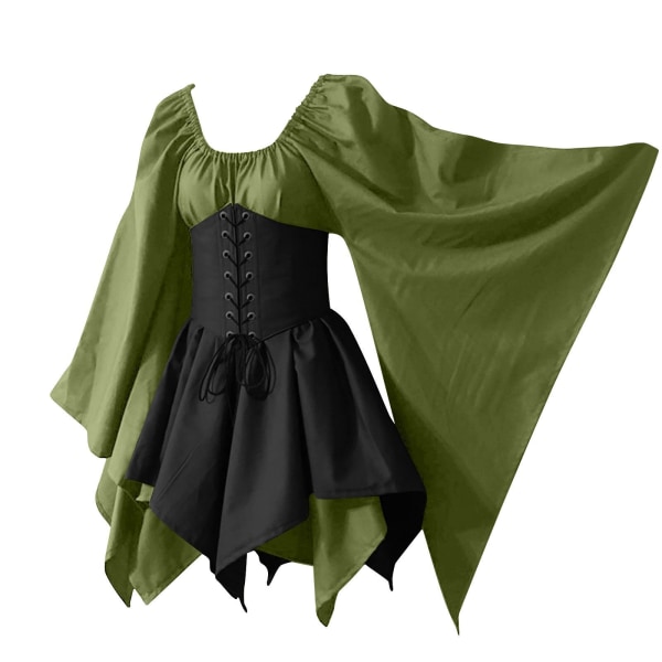 Svart gotisk klänning sommar medeltida renässansdräkt Emerald green + black 2XL