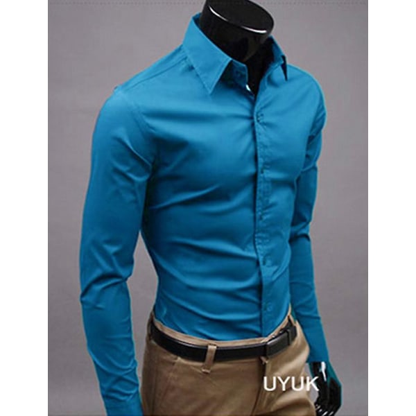 Lyxskjortor Herr Casual Collared Formella Slim Fit Shirts Toppar Elegant Blue 2XL