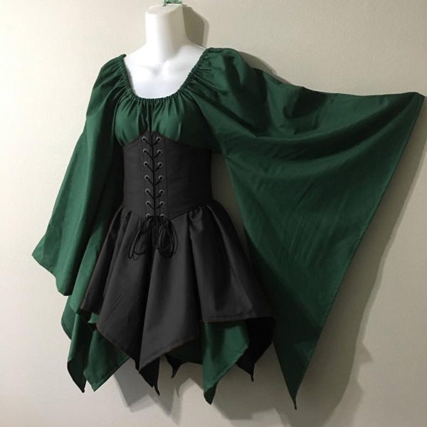 Svart gotisk klänning sommar medeltida renässansdräkt Green + black 2XL