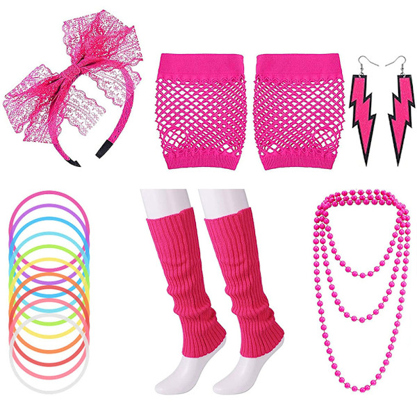 Dam 80-tal Neon Accessoarer Dans Hen Stag Fancy Dräkt Retro Rose red