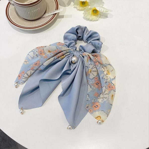 2ST Floral Bowknot Scrunchies Sidenscarf Hårband BLÅ Blue