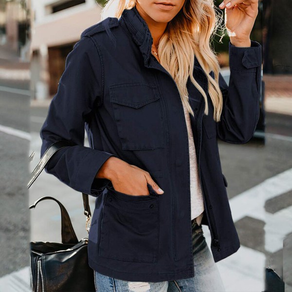 Kvinnor med fickor kappa tryckknappar militärjacka Dark Blue 3XL