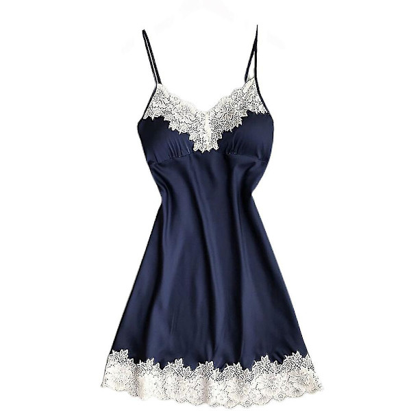 Kvinnor Sexig satin Nattlinne Underkläder Babydoll Spets Strappy A-line Sovkläder Underkläder XL Navy Blue