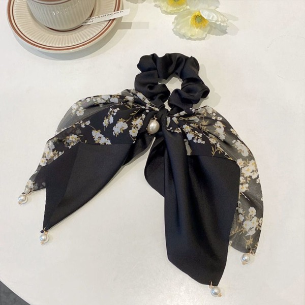 2ST Blommor Bowknot Scrunchies Sidenscarf Hårband SVART Black