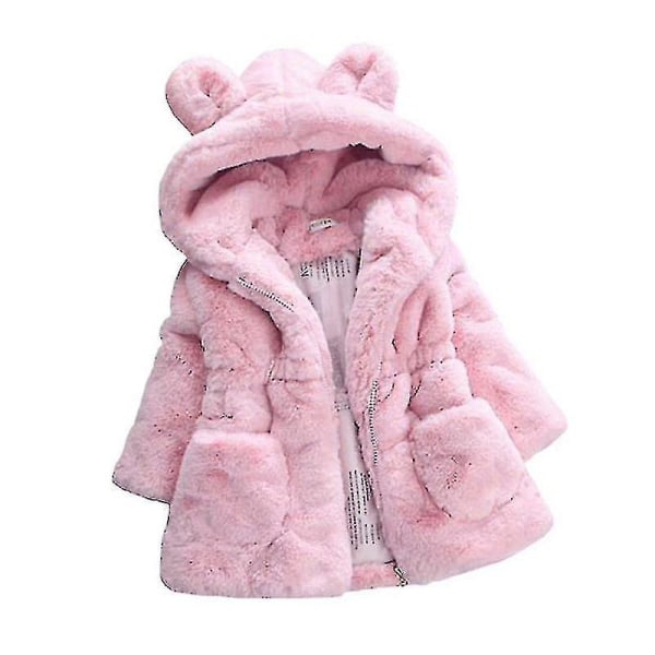 Kid Girl Fluffig fuskpäls Huvkappa Fleecejacka Winter Warm Outwear_x Pink