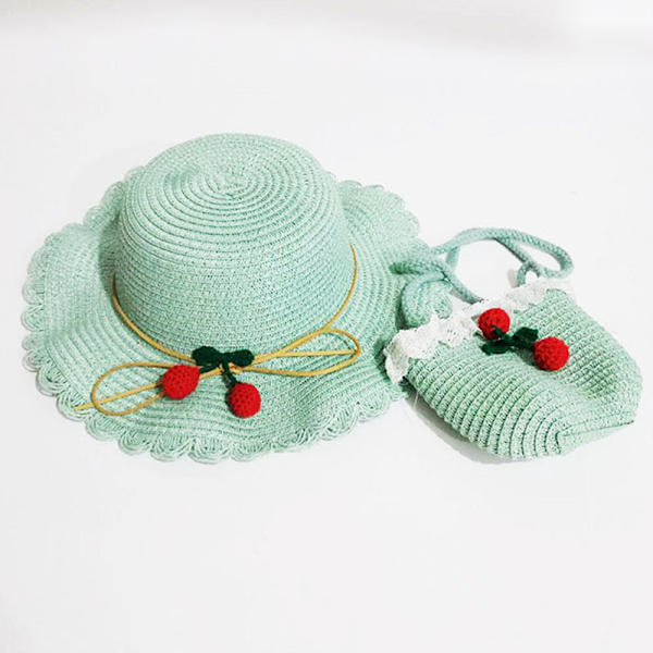 Barn Solhatt Flickor Halmväska Cap Set Solskydd Travel Beac Green