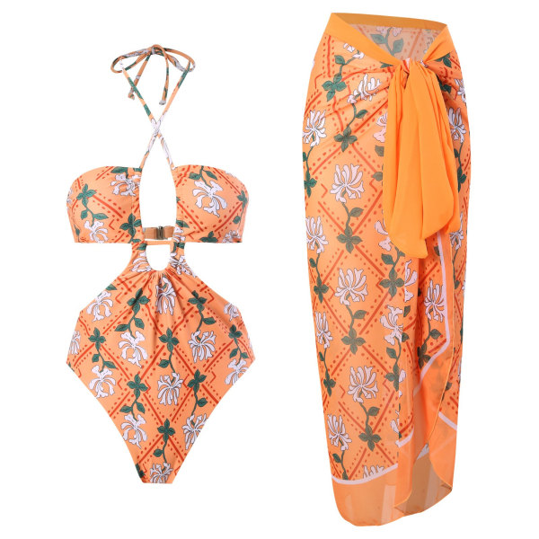 Vintage bikini dam i ett stycke baddräktsklänning i två set orange S