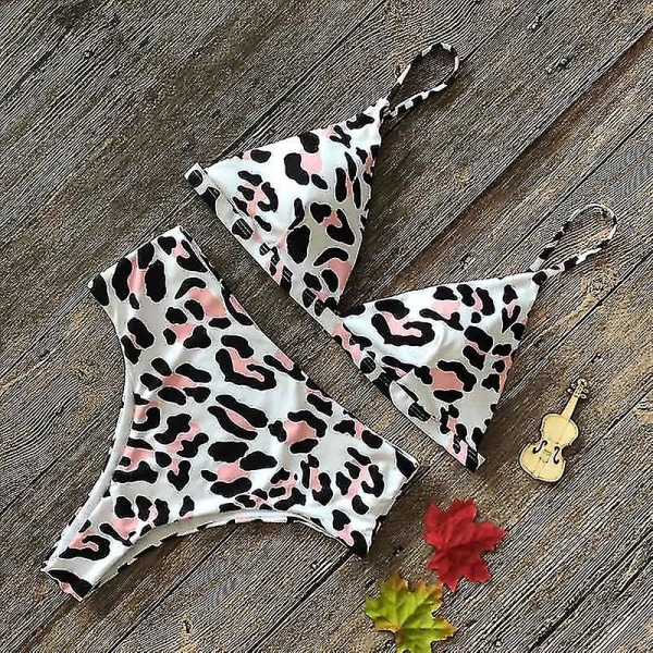 Grafiskt print för damer Bikini Set Camisole Baddräkt med hög midja leopard print S
