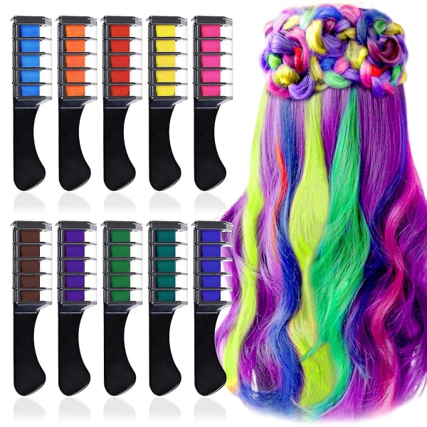 Tillfällig hårkrita för flickor, 10 färger tvättbar färg hårkam regnbåge hårfärgning krita kam