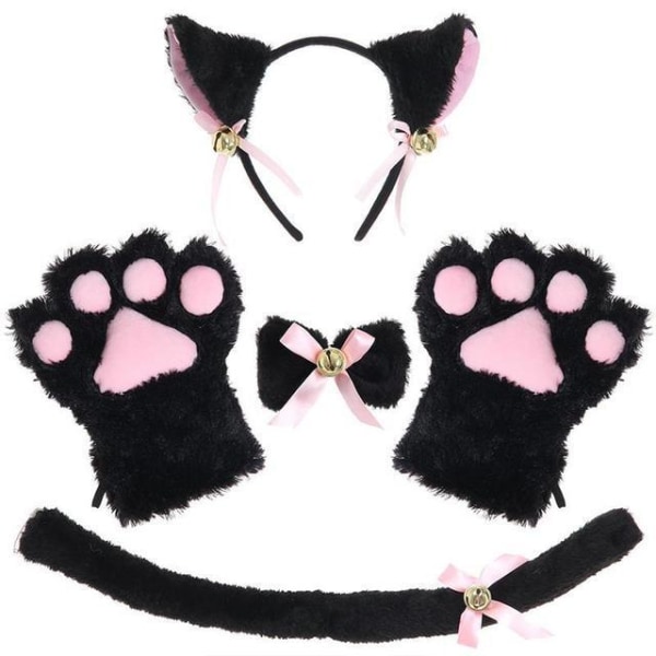 Cat Costume Cosplay Plysch huvudbonad Clip Öron fluga Svans Black