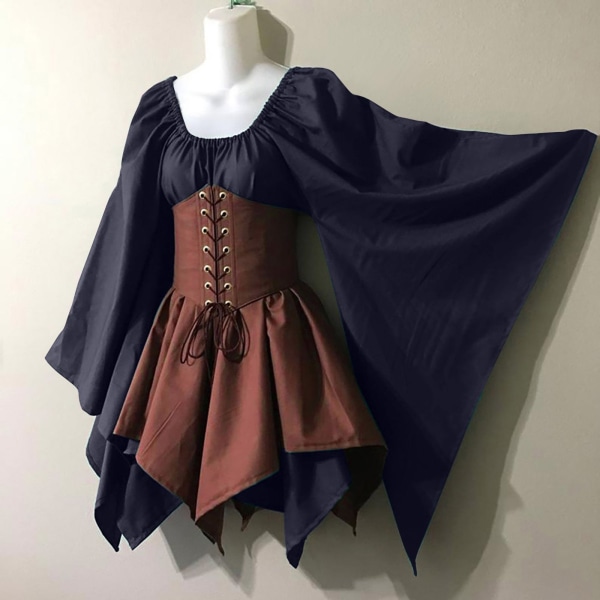 Svart gotisk klänning sommar medeltida renässansdräkt navy + coffee 3XL