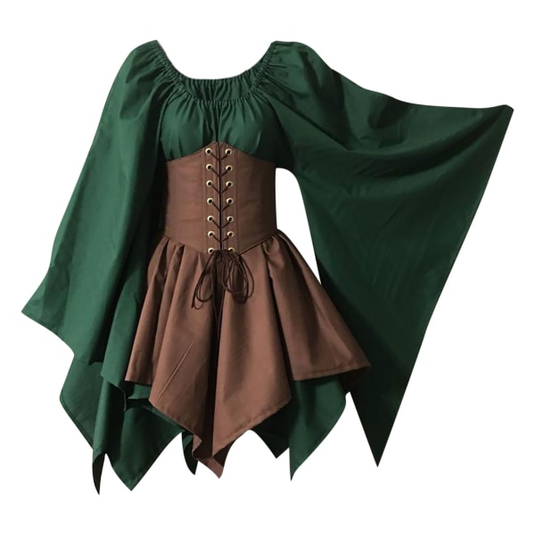 Svart gotisk klänning sommar medeltida renässansdräkt Green+Coffee 3XL