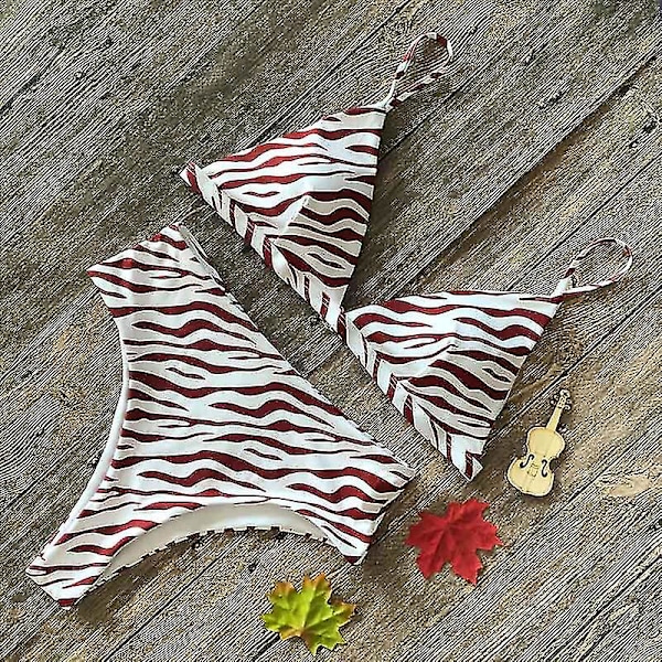 Grafiskt print för damer Bikini Set Camisole Baddräkt med hög midja Wine Red Strip L