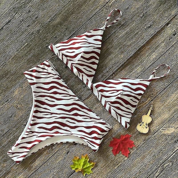 Grafiskt print för damer Bikini Set Camisole Baddräkt med hög midja Wine Red Strip M
