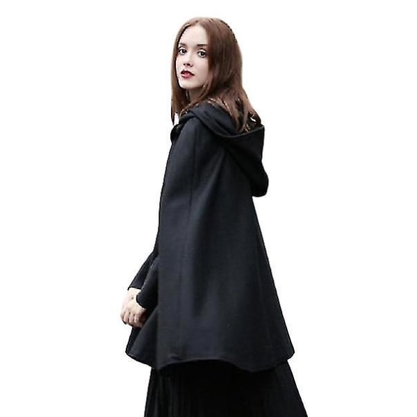 Casual Hooded Cape Coat, Mode Lös Solid Vintermantel Ytterkläder m black