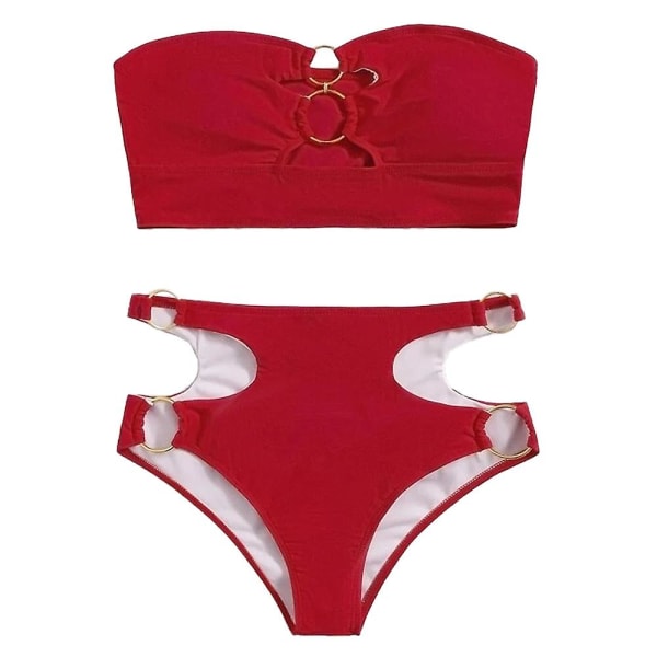 Kvinnors Ribbad O-ring Tie Bikini Tvådelad Baddräkt red