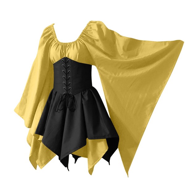 Svart gotisk klänning sommar medeltida renässansdräkt Yellow + black 2XL
