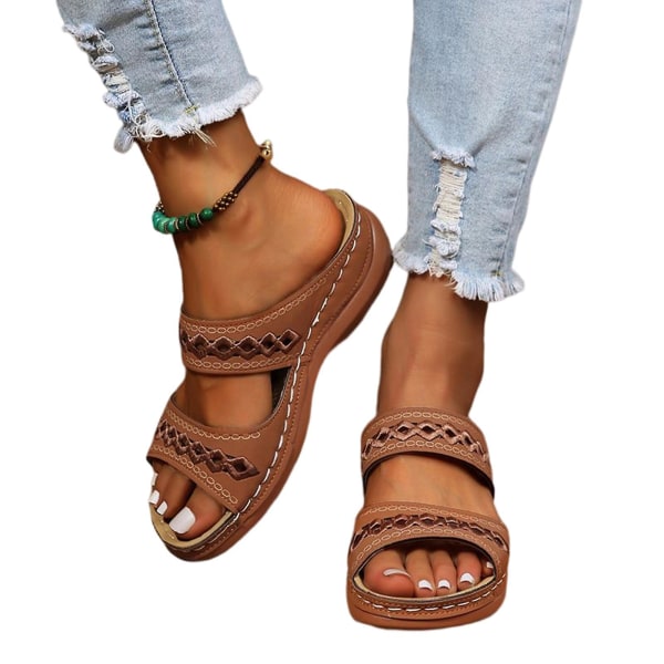 Sandaler Kvinnor Dressy Sommar Ortotic Flip Flops för Kvinnor Öppna Peep Toe Solid Color Walking Dark Brown 40