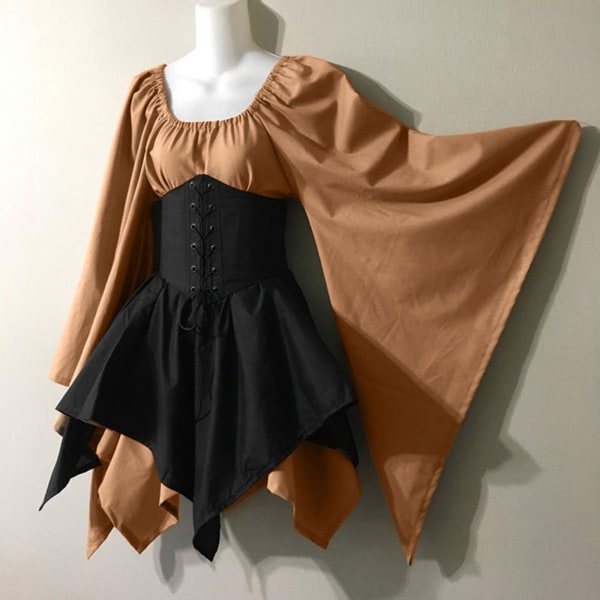 Svart gotisk klänning sommar medeltida renässansdräkt Khaki + black 3XL