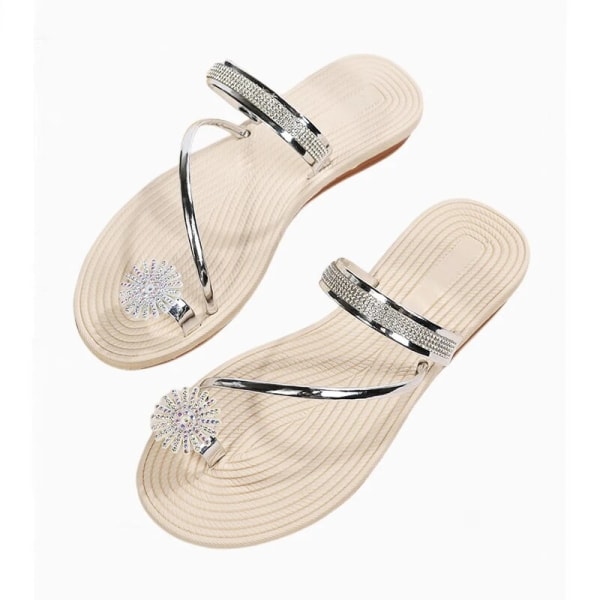 Sommaren glänsande strass tofflor strandskor mode sandaler White 35