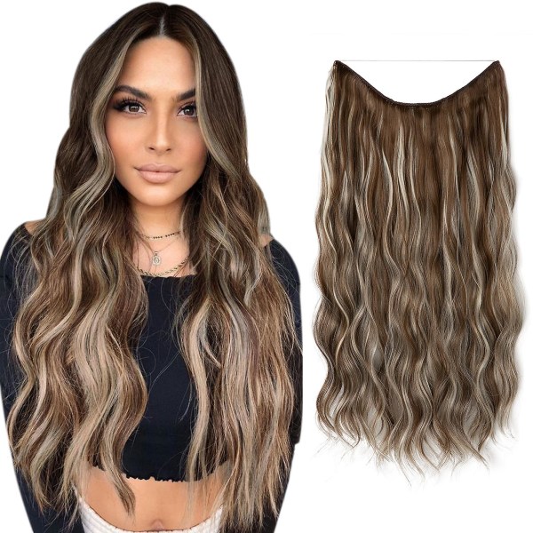 Halo Hair Extensions Osynlig tråd Vågigt lockigt långa syntetiska hårstycken för kvinnor Justerbart pannband 9H613 16 inch