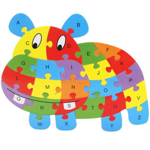 Byggstenar trä djur pussel barn pedagogiska leksaker Hippo