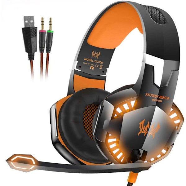 G2000 Stereo Gaming Headset Djup Bas Datorspel Hörlurar Hörlurar med LED-ljus Mikrofon för PC Laptop PS4 orange